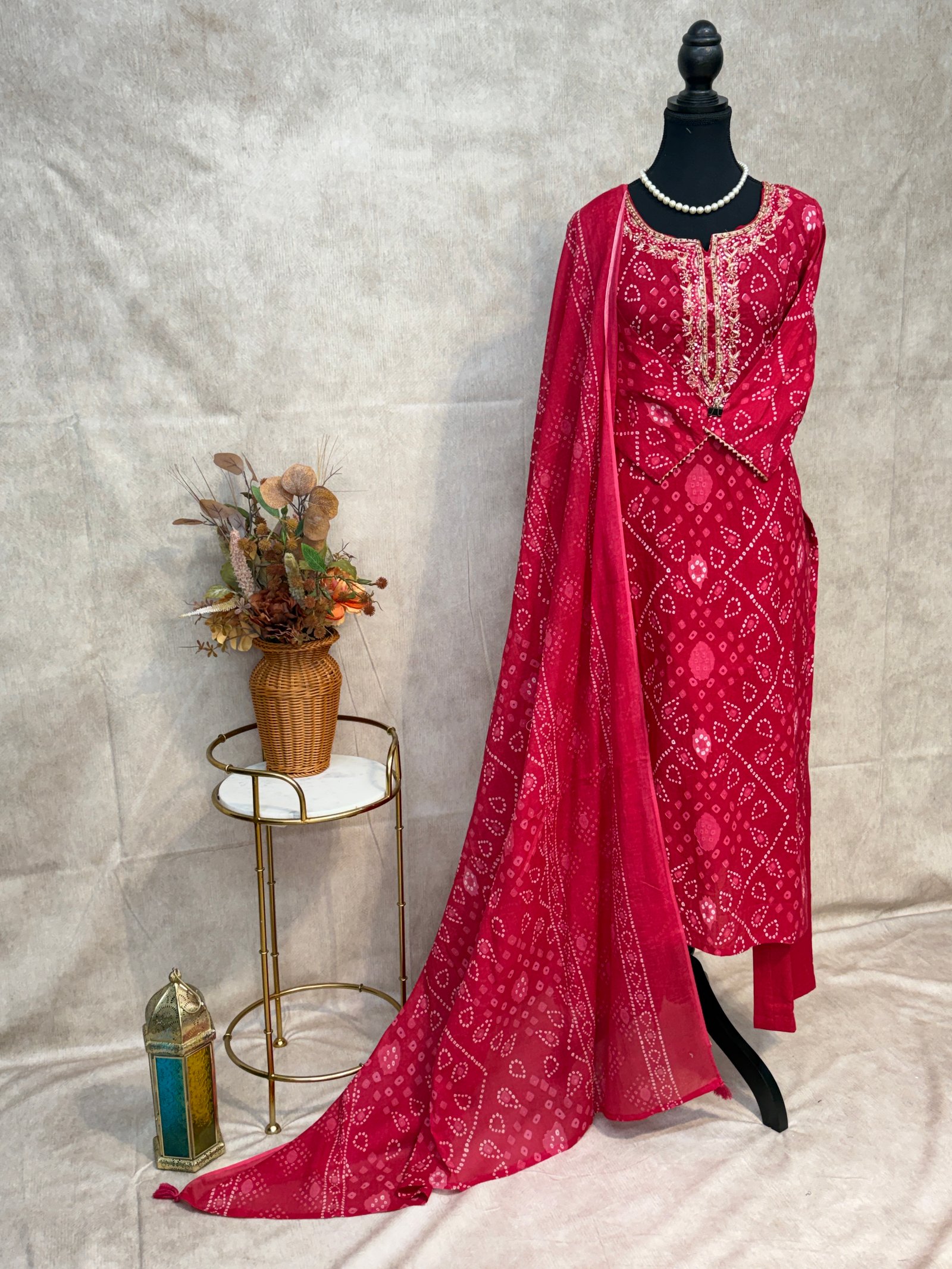 RED Pure Cotton Bandhani Suit with Hand Embroidery on Neck